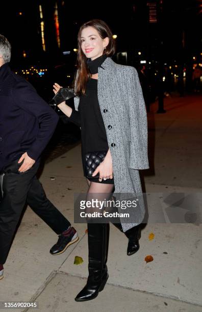 Anne Hathaway is seen departing Soho House on December 02, 2021 in New York City.