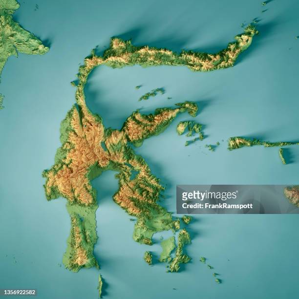 sulawesi island 3d render topografische kartenfarbe - sulawesi stock-fotos und bilder