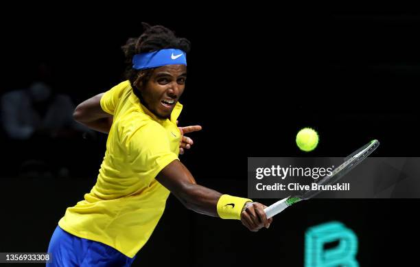 Elias Ymer of Sweden plays a backhand against Andrey Rublev of Russian Tennis Federation during the Davis Cup Quarter Final between Russian Tennis...