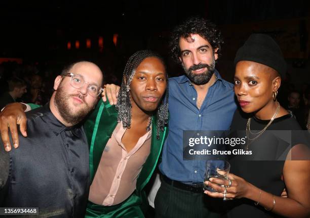 Producer Greg Nobile, Playwright Jeremy O. Harris, Arvand Khosravi and Janicza Bravo pose at the re-opening night after party for "Slave Play" on...