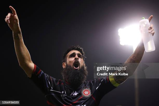 Rhys Williams of the Wanderers celebrates with the crowd victory the A-League Mens match between Wellington Phoenix and Western Sydney Wanderers at...