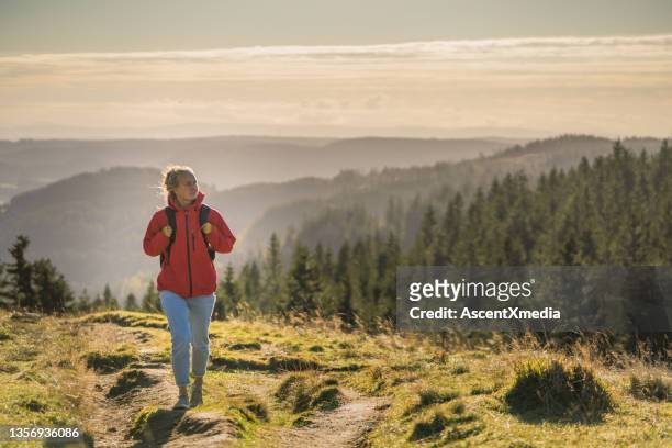 female hiker follows trail through meadow - green coat 個照片及圖片檔
