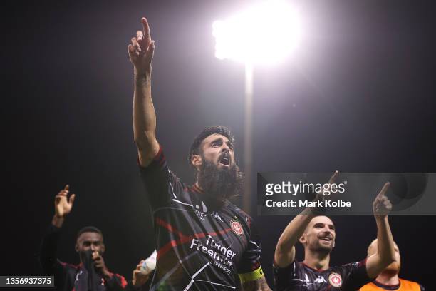 Rhys Williams of the Wanderers and his team celebrates with the crowd after victory in the A-League Mens match between Wellington Phoenix and Western...
