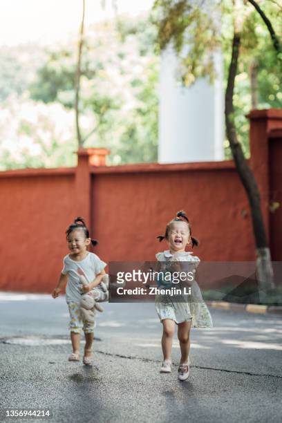 2 years chinese twin girls running towards camera cheerfully in summer - asian twins stockfoto's en -beelden