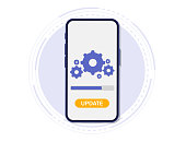 System Update. The concept of updating the system software. The download process on the smartphone screen. Improvement version software. Installing process, for landing page, ui, app, banner template