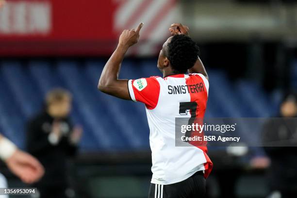 Luis Sinisterra of Feyenoord Rotterdam celebrate a goal before disallowed it during the Dutch Eredivisie match between Feyenoord Rotterdam and...