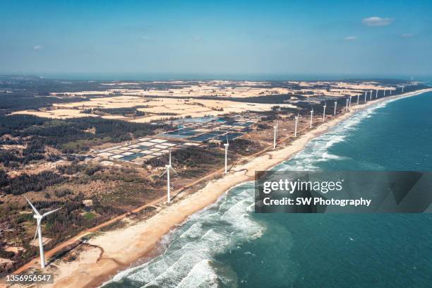 drone photo of wind farm by the sea in wenchang city, china - wenchang stock pictures, royalty-free photos & images