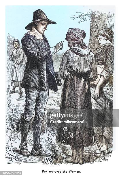 old engraving illustration of george fox reproves the women - quaker stockfoto's en -beelden