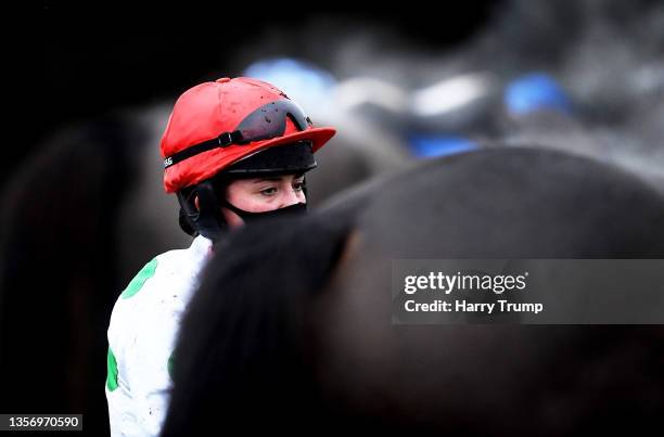 Jockey Bryony Frost looks on ahead of the betting.bet Handicap Chase at Exeter Racecourse on December 03, 2021 in Exeter, England.