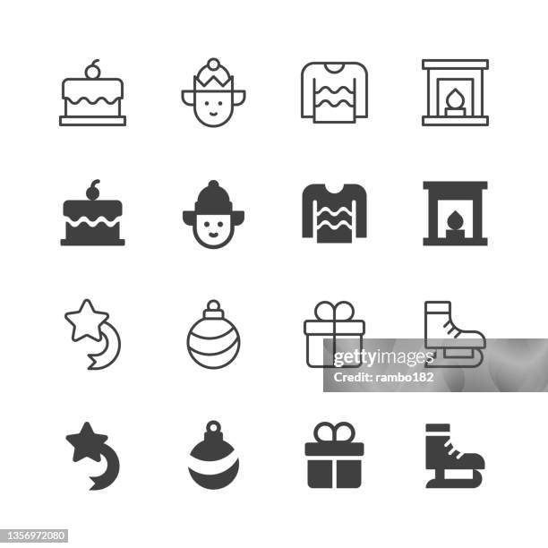 christmas line and solid  icons. editable stroke, contains such icons as bethlehem star, cake, christmas ball, christmas star, elf, fireplace, gift, skates, sleigh, snowball, sweater. - hut icon stock illustrations