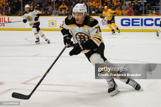 Taylor Hall of the Boston Bruins plays against the Nashville Predators at Bridgestone Arena on December 02, 2021 in Nashville, Tennessee.