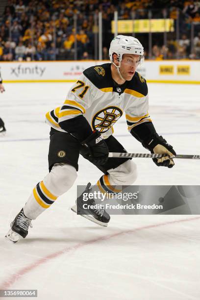 Taylor Hall of the Boston Bruins plays against the Nashville Predators at Bridgestone Arena on December 02, 2021 in Nashville, Tennessee.