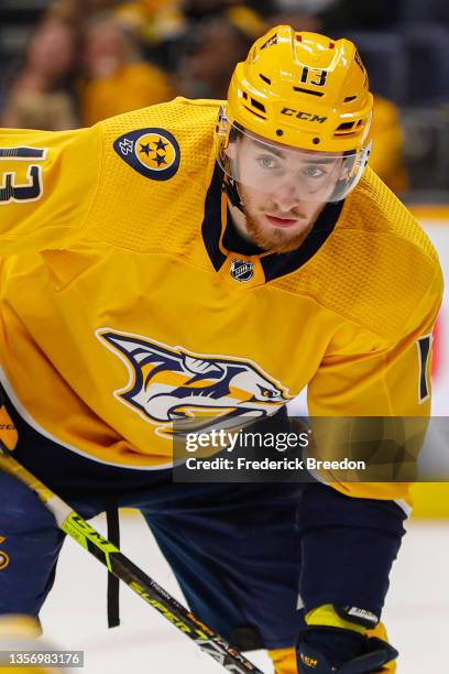 Yakov Trenin of the Nashville Predators plays against the Boston Bruins at Bridgestone Arena on December 02, 2021 in Nashville, Tennessee.