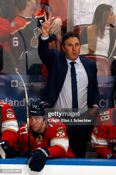 Florida Panthers Interim Head Coach Andrew Brunette directs his team from the bench against the Buffalo Sabres at the FLA Live Arena on December 2,...