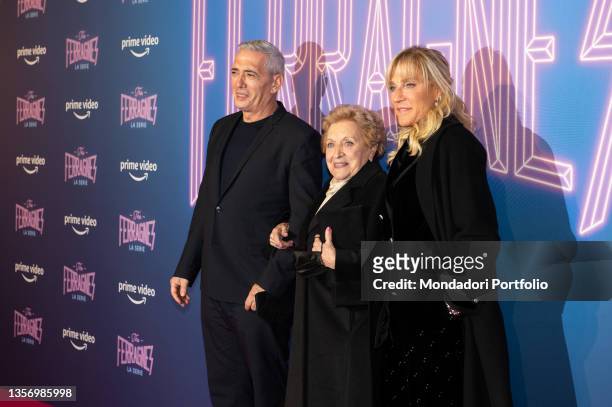 Franco Lucia, Luciana Violini and Annamaria Berrinzaghi attend the photocall of the tv series "The Ferragnez" on December 02, 2021 in Milan, Italy.