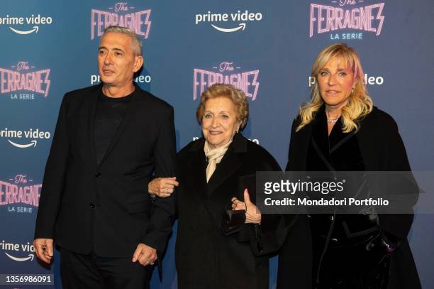 Franco Lucia, Luciana Violini and Annamaria Berrinzaghi attend the photocall of the tv series "The Ferragnez" on December 02, 2021 in Milan, Italy.
