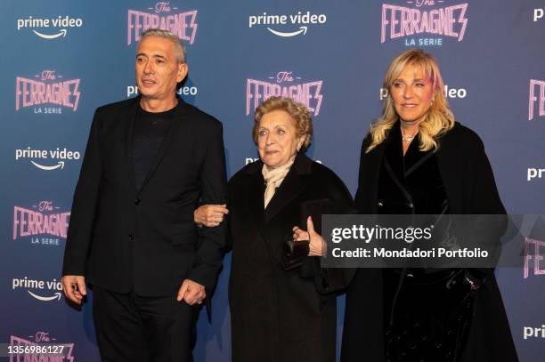 Franco Lucia, Luciana Violini and Annamaria Berrinzaghi attend the photocall of the tv series "The Ferragnez" on December 02, 2021 in Milan, Italy.