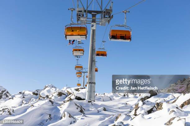 Ski lift on the Swiss side is pictured at the Ischgl ski resort during the fourth wave of the coronavirus pandemic on December 03, 2021 in Ischgl,...