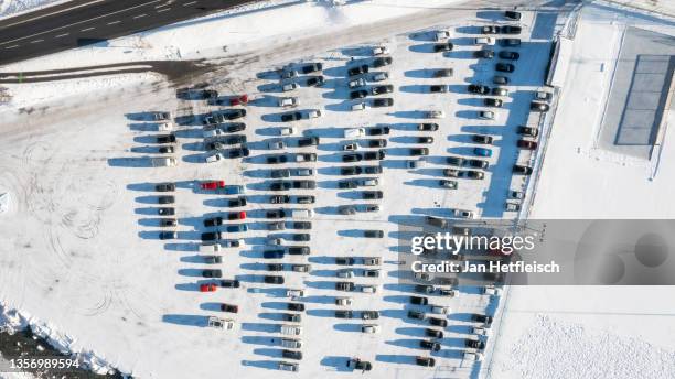 Cars of visitors are seen from above at the Ischgl ski resort during the fourth wave of the coronavirus pandemic on December 03, 2021 in Ischgl,...