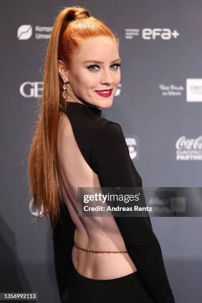 Barbara Meier arrives for the annual German Sustainability Award at Maritim Hotel on December 03, 2021 in Duesseldorf, Germany.