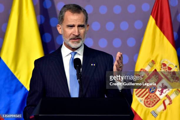 King Felipe VI of Spain speaks during the World Law Congress Colombia 2021 closure ceremony on December 03, 2021 in Barranquilla, Colombia.
