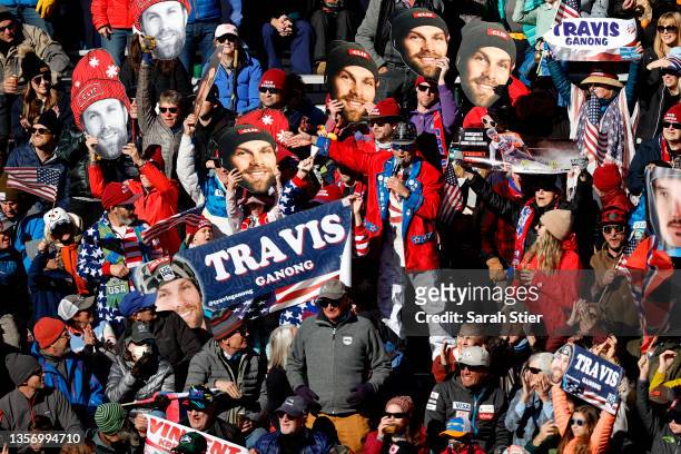 Fans cheer before the start of the Men's Super G during the Audi FIS Alpine Ski World Cup at Beaver Creek Resort on December 03, 2021 in Beaver...