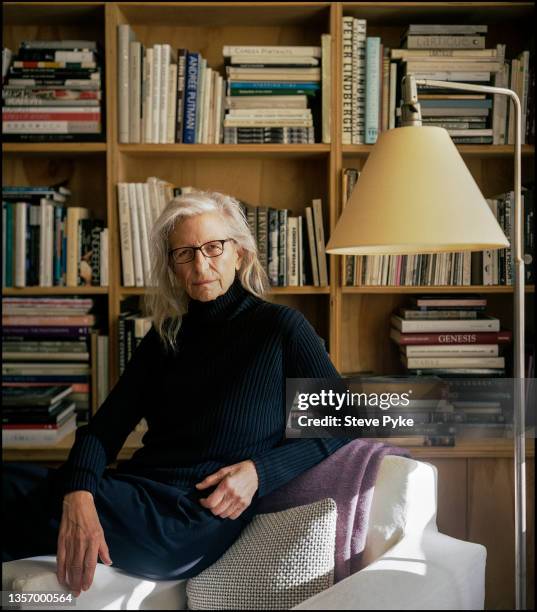 Portrait of American photographer Annie Leibovitz as she poses indoors, New York, New York, 2021.