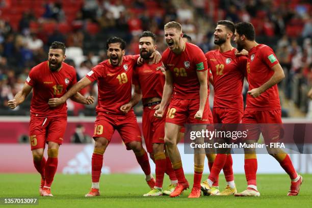 Mohammad Anez of Syria celebrates with teammates Mohammed Sahyouni, Moaiad Alkhouli, Oliver Kass Kawo, Mohammed Osman and Yousef Mohamma after...