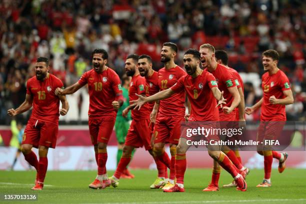 Mohammad Anez of Syria celebrates with teammates Mohammed Sahyouni, Moaiad Alkhouli, Oliver Kass Kawo, Mohammed Osman and Yousef Mohamma after...