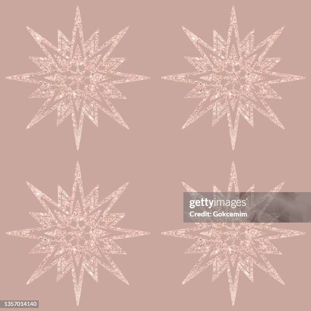 rose gold glitter snowflake ornament seamless pattern. design element for christmas and new year greeting cards and designs. sparkling snowflakes with gold texture. winter holidays decoration design element. - rose gold stock illustrations