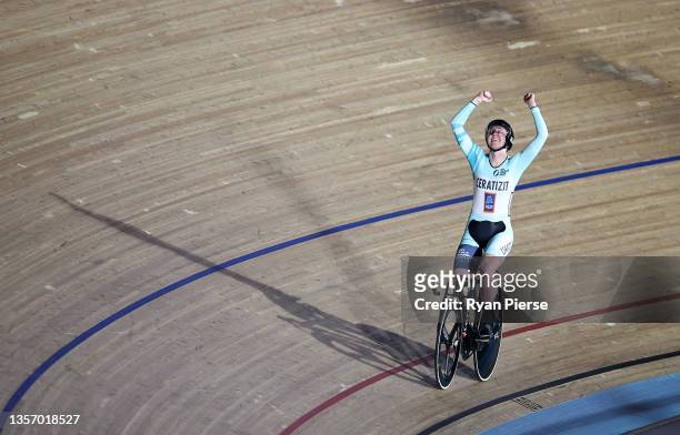 Katie Archibald of United Kingdom celebrates after winning the Women's Elimination Race during Round 3 of the UCI Track Champions League at Lee...