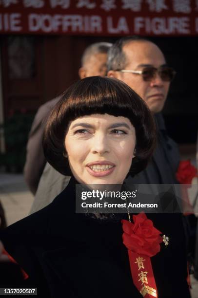 Close-up of French singer Mirielle Mathieu as she attends the unveiling of a wax figure in Ditan Park, Beijing, China, November 10, 1994.