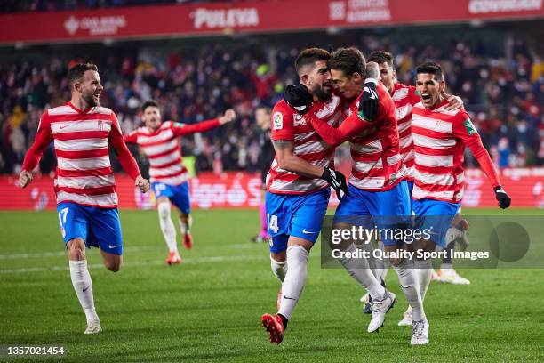 Santiago Arias of Granada CF celebrates after scoring his team's second goal during the La Liga Santander match between Granada CF and Deportivo...