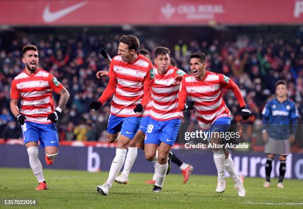 Santiago Arias of Granada CF celebrates scoring the winning goal during the La Liga Santander match between Granada CF and Deportivo Alaves at Nuevo...