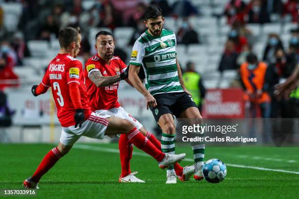 Paulinho of Sporting CP tries to escape Nicolas Otamendi and Alex Grimaldo of SL Benfica during the Liga Portugal Bwin match between SL Benfica and...