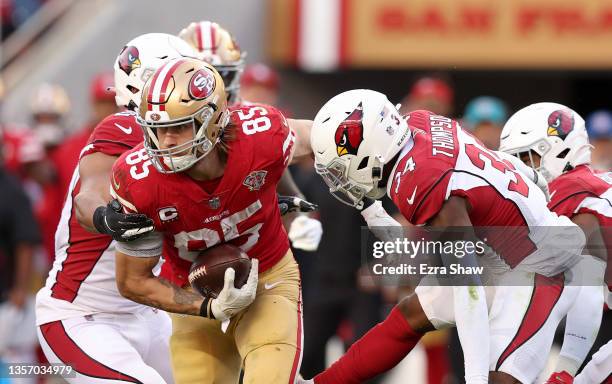 George Kittle of the San Francisco 49ers in action against the Arizona Cardinals at Levi's Stadium on November 15, 2021 in Santa Clara, California.