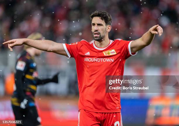 Rani Khedira of 1.FC Union Berlin gestures during the Bundesliga match between 1. FC Union Berlin and RB Leipzig at Stadion An der Alten Foersterei...