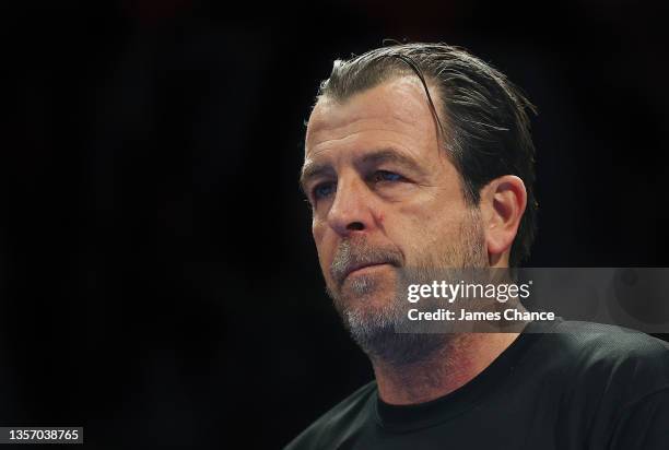 Joe Gallagher trainer of Charlie Edwards looks on prior to the Bantamweight fight between Charlie Edwards and Jacob Barreto as part of the MTK fight...