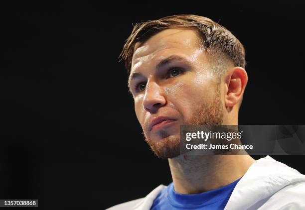 Isaac Lowe looks on prior to during the Featherweight fight between Isaac Lowe and Luis Alberto Lopez as part of the MTK fight night at York Hall on...