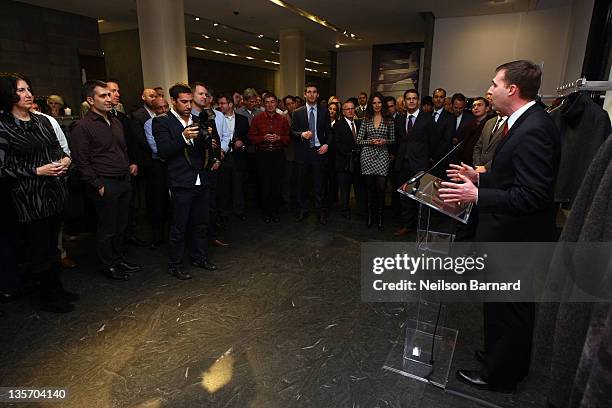 Ross Levi, Executive Director Empire State Pride Agenda speaks on stage during the Empire State Pride Agenda event hosted by Emporio Armani on...