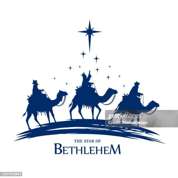 nativity scene. shining star and three wise men. - three people silhouette stock illustrations