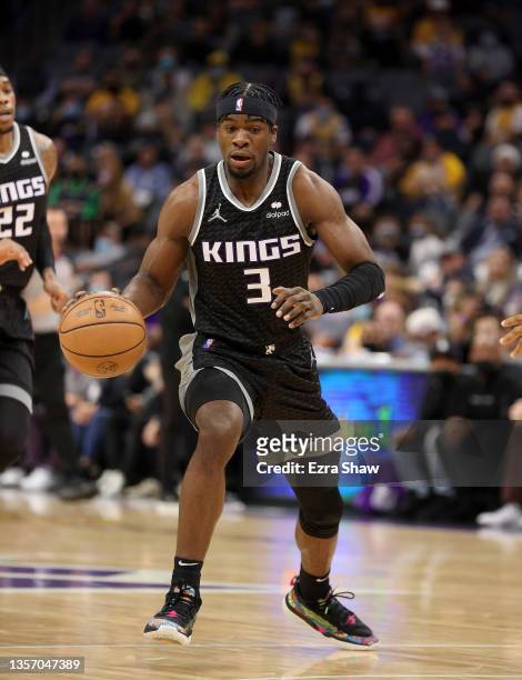 Terence Davis of the Sacramento Kings in action against the Los Angeles Lakers at Golden 1 Center on November 30, 2021 in Sacramento, California....