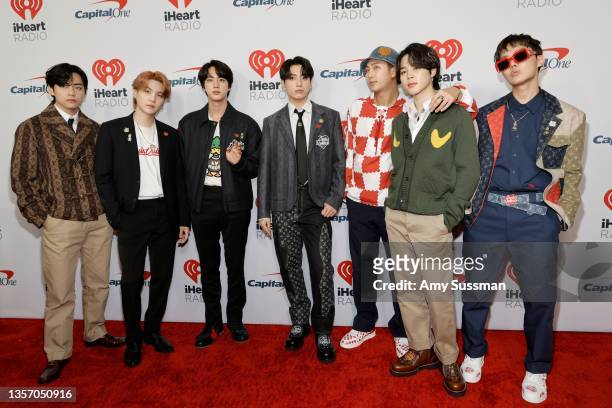 Suga, Jin, Jungkook, RM, Jimin and J-Hope of BTS attend 102.7 KIIS FM's Jingle Ball 2021 Presented By Capital One at The Forum on December 03, 2021...