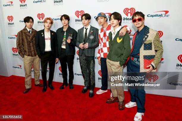 Suga, Jin, Jungkook, RM, Jimin, J-Hope of BTS attends iHeartRadio 102.7 KIIS FM's Jingle Ball 2021 presented by Capital One at The Forum on December...