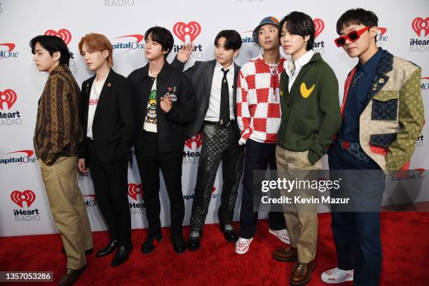 Suga, Jin, Jungkook, RM, Jimin, and J-Hope of BTS attend iHeartRadio 102.7 KIIS FM's Jingle Ball 2021 presented by Capital One at The Forum on...