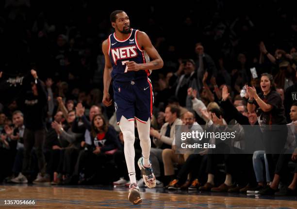 Kevin Durant of the Brooklyn Nets celebrates his shot in the final minute of the game to secure the win over the Minnesota Timberwolves at Barclays...