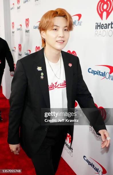 Suga of BTS attends iHeartRadio 102.7 KIIS FM's Jingle Ball 2021 presented by Capital One at The Forum on December 03, 2021 in Los Angeles,...