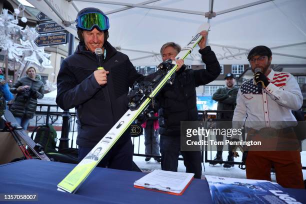 Retired ski racer Ted Ligety is presented with a custom made pair of skis following the Men's Super G during the Audi FIS Alpine Ski World Cup at...