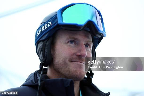 Retired ski racer Ted Ligety answers questions during an guest appearance following the Men's Super G during the Audi FIS Alpine Ski World Cup at...