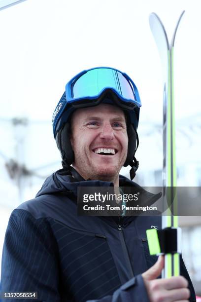 Retired ski racer Ted Ligety answers questions during an guest appearance following the Men's Super G during the Audi FIS Alpine Ski World Cup at...